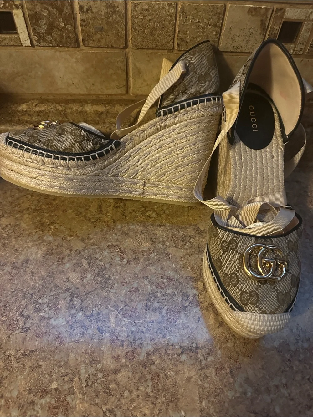 Gucci Beige Monogram Espadrille Wedges with Gold Double G